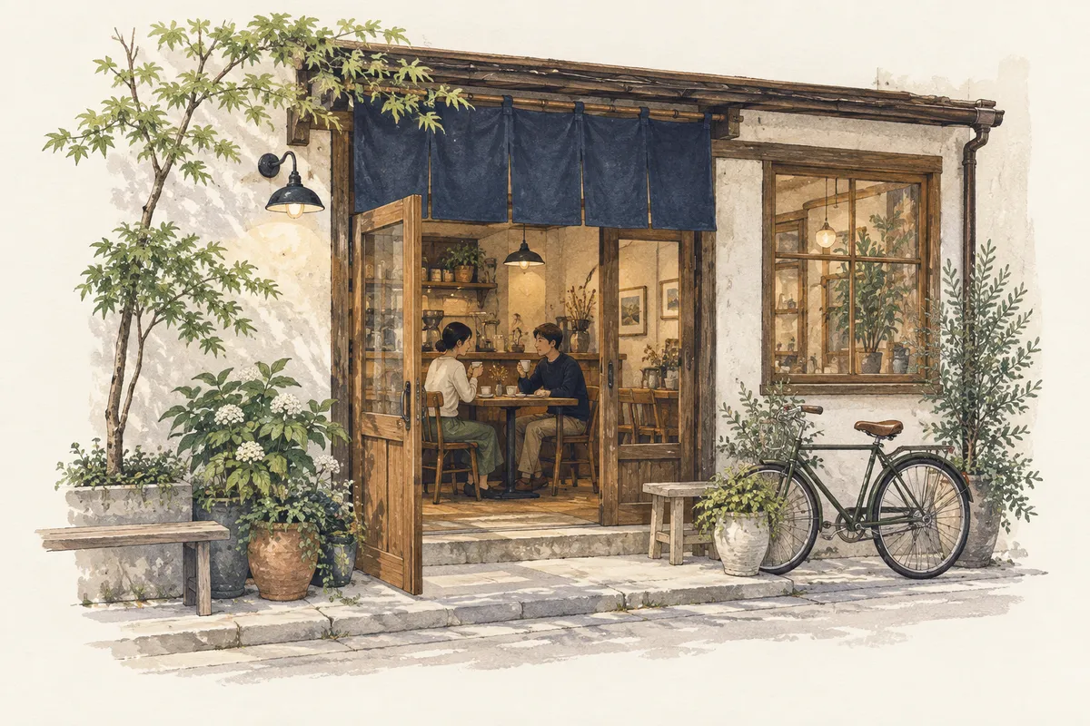 Watercolor illustration of two friends having coffee in a Japanese neighborhood café
