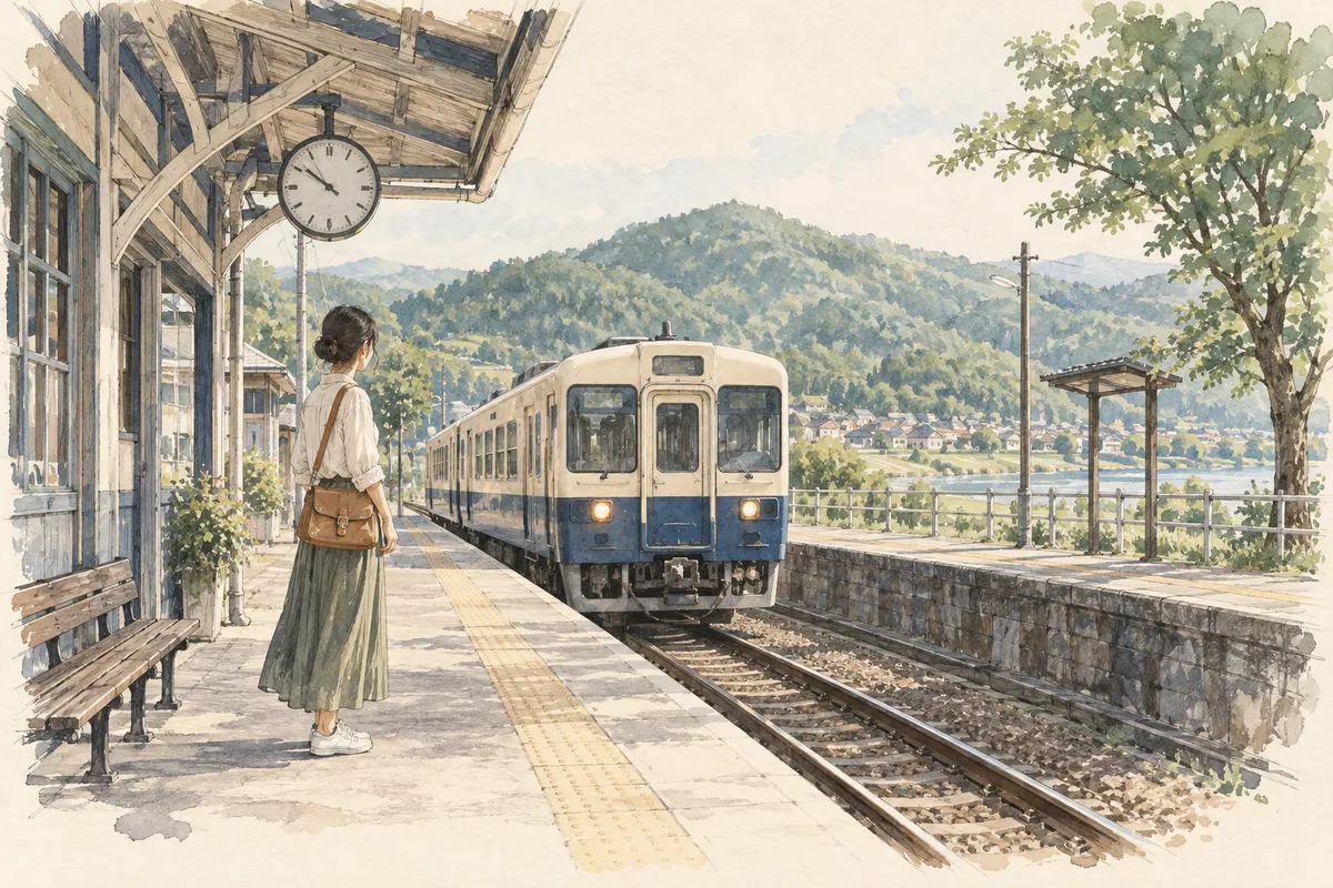 Watercolor illustration of a traveler waiting for a train at a quiet Japanese station
